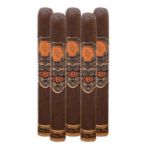 5-pack of Rocky Patel DBS cigars featuring a brown wrapper with decorative orange and black bands, showcasing the RP logo and \“DBS\“ text.