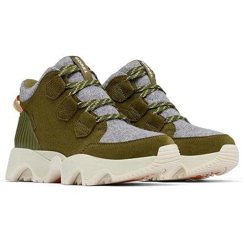 Olive green athletic sneakers with gray accents, featuring a chunky white sole and styled with unique lacing and a heel loop.