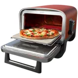 A countertop pizza oven with a pizza inside, featuring a stainless steel and red exterior.