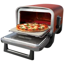 A countertop pizza oven with a pizza inside, featuring a stainless steel and red exterior.