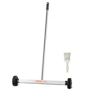 VEVOR Magnetic Sweeper with a long handle and dual wheels designed for picking up metal debris, paired with a small brush.