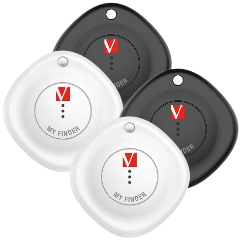 Four My Finder tracking devices in black and white featuring a keychain hole and a red logo on the front.