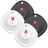 Four My Finder tracking devices in black and white featuring a keychain hole and a red logo on the front.