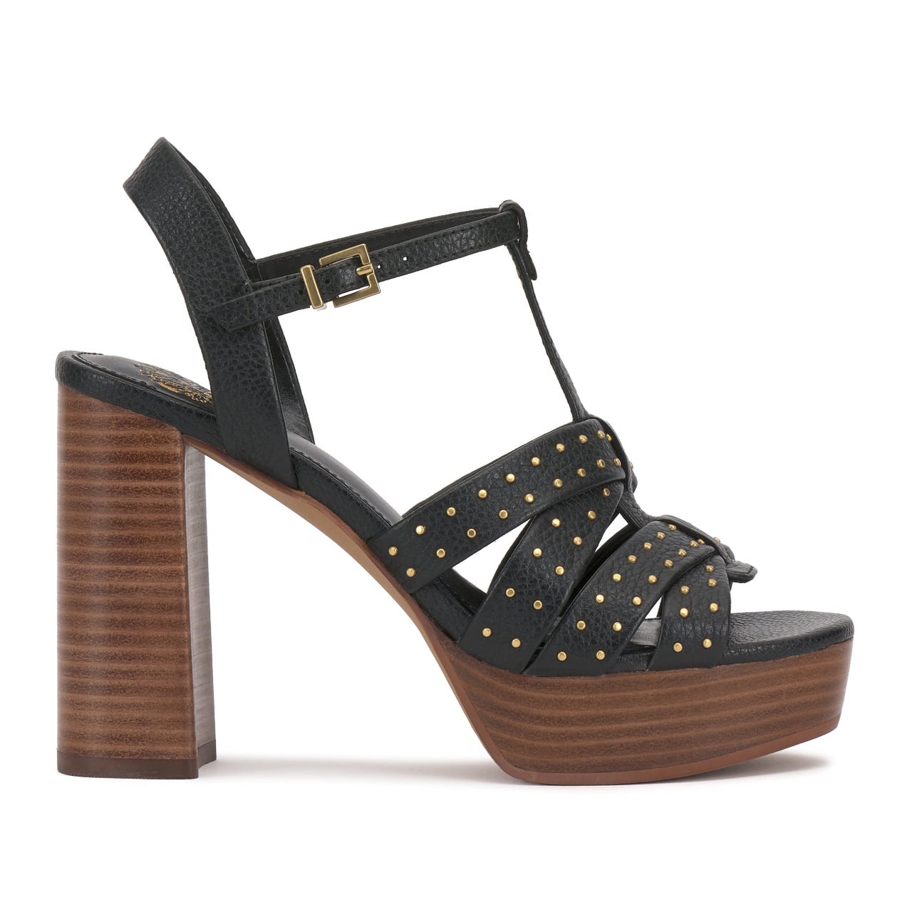 A black high-heeled sandal featuring a wooden platform, studded straps, and an adjustable ankle buckle.