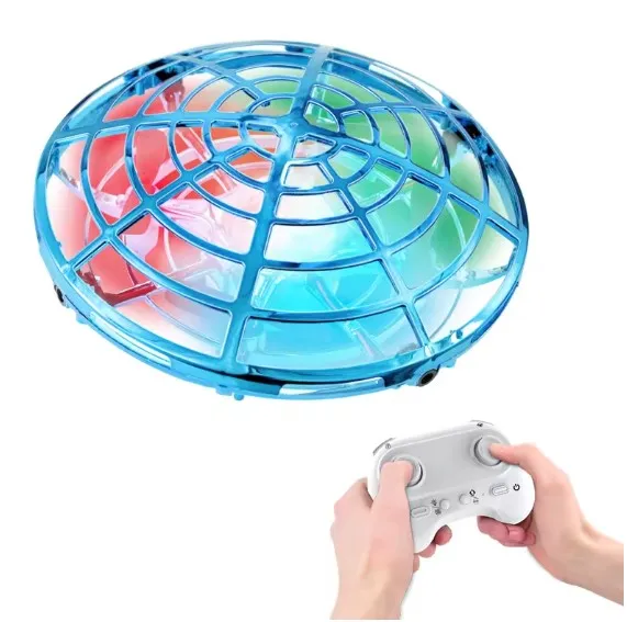 Blue circular drone with LED lights, controlled by a handheld remote with two joysticks.