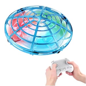 Blue circular drone with LED lights, controlled by a handheld remote with two joysticks.