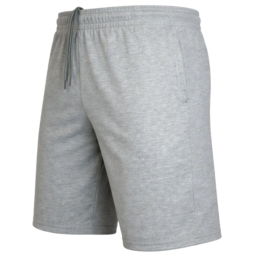 Gray athletic shorts with an elastic waistband and drawstring, featuring side pockets.