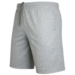 Gray athletic shorts with an elastic waistband and drawstring, featuring side pockets.