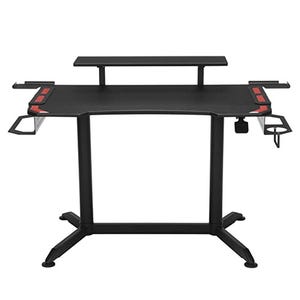 Gaming desk with a black surface, elevated monitor shelf, cup holder, headphone hook, and red accents on the edges.