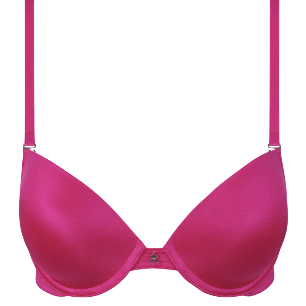 A bright pink women's bra with adjustable straps and a small decorative star at the center.