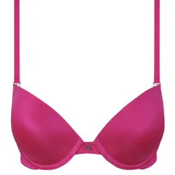 A bright pink women's bra with adjustable straps and a small decorative star at the center.