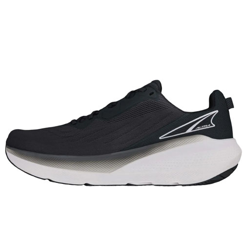 A black running shoe featuring a thick white sole and streamlined design, labeled with \“Altra\“ on the back section.