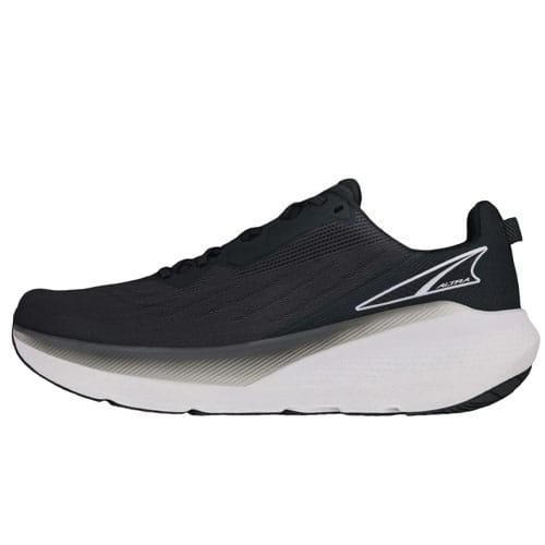 A black running shoe featuring a thick white sole and streamlined design, labeled with \“Altra\“ on the back section.