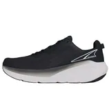A black running shoe featuring a thick white sole and streamlined design, labeled with \“Altra\“ on the back section.