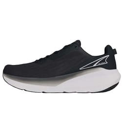 A black running shoe featuring a thick white sole and streamlined design, labeled with \“Altra\“ on the back section.