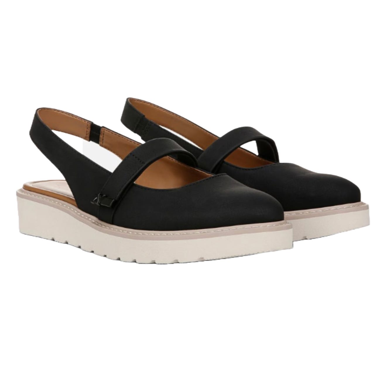Black slingback shoes with closed toes and a beige platform sole, featuring a front strap for added support.