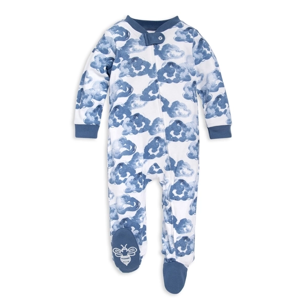 A baby onesie with a blue cloud pattern, featuring a snap closure and foot covering with a bee design on one foot.