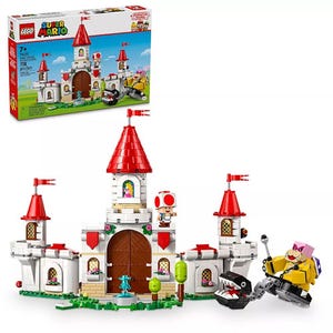 LEGO Super Mario set featuring Princess Peach's Castle with a Chain Chomp figure, suitable for ages 7+ with 1216 pieces.