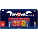 Pack of 16 AA Rayovac Fusion Advanced Alkaline Batteries, featuring up to 30% longer lasting power and a 15-year shelf life guarantee.
