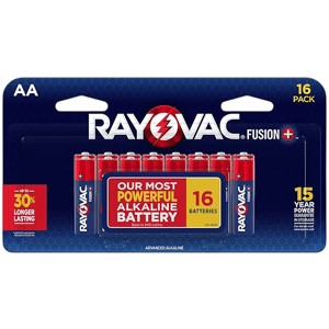 Pack of 16 AA Rayovac Fusion Advanced Alkaline Batteries, featuring up to 30% longer lasting power and a 15-year shelf life guarantee.