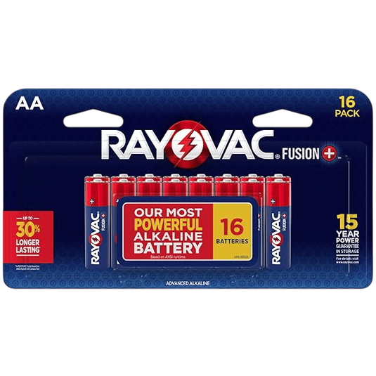 Pack of 16 AA Rayovac Fusion Advanced Alkaline Batteries, featuring up to 30% longer lasting power and a 15-year shelf life guarantee.