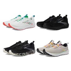Four pairs of sneakers with different color schemes and designs, including white with multicolor accents, all black, black with white and animal print, and light beige with pastel details.
