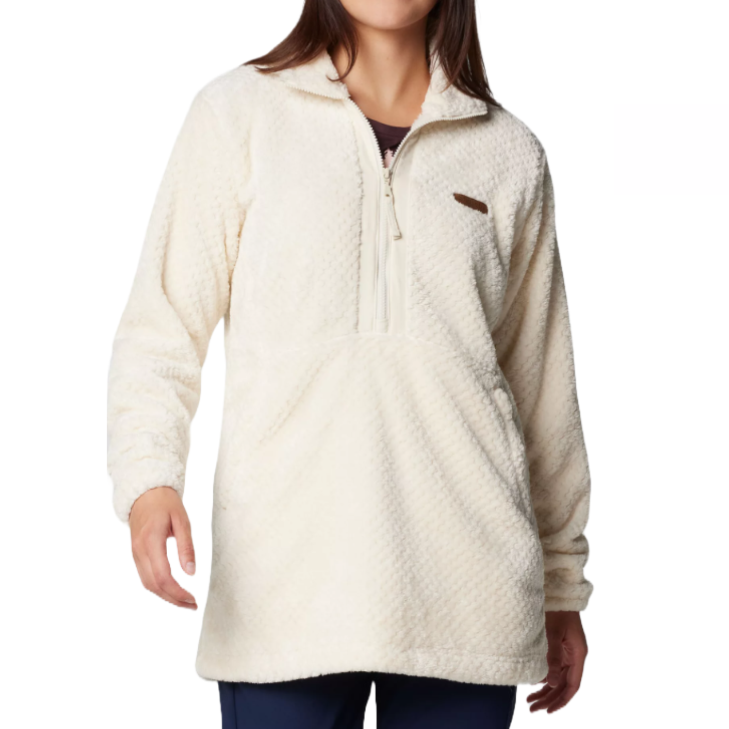 Cream-colored Columbia Fire Side Fleece Pullover with a quarter-zip front and soft, plush texture, featuring long sleeves and a relaxed fit.