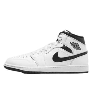 White high-top sneakers with black accents, featuring a black Nike Swoosh and the Air Jordan wings logo on the side, part of the Air Jordan 1 Mid collection.