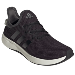 A black Adidas athletic shoe featuring a mesh upper, lace-up design, and a white cushioned sole.
