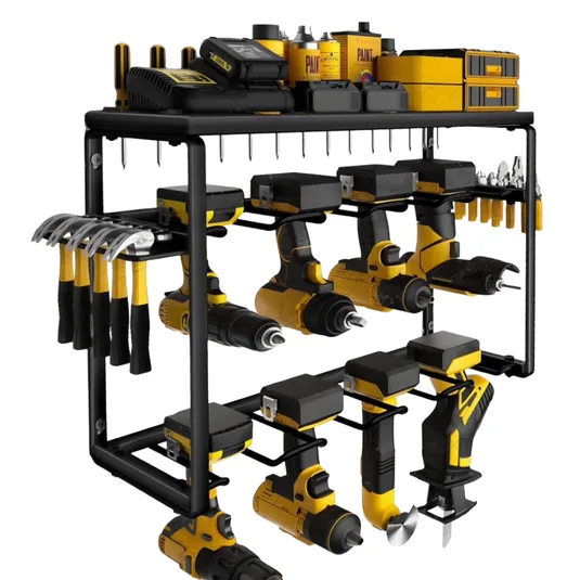 A wall-mounted tool organizer featuring yellow and black power tools, hammers, charging stations, and assorted accessories, designed for efficient storage and accessibility.
