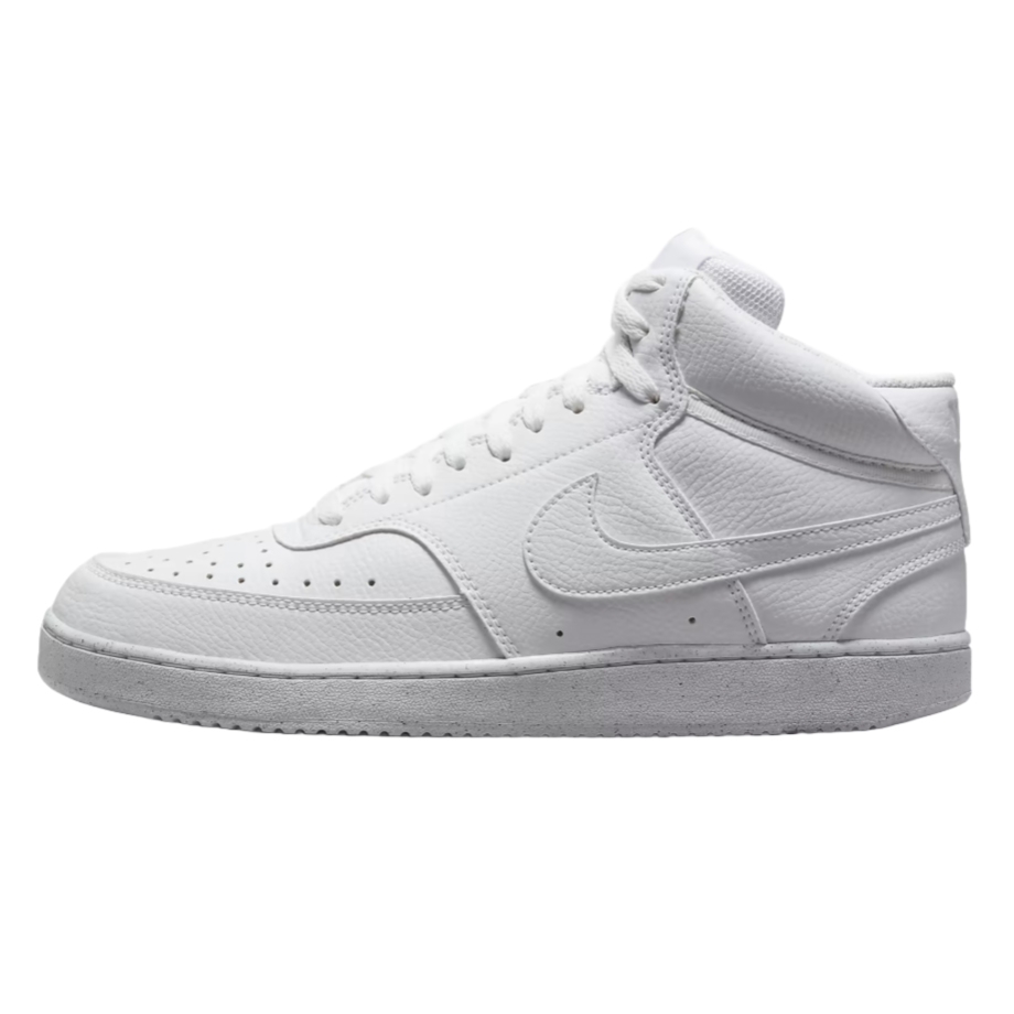 A white mid-top sneaker with a perforated toe box, textured leather, and a prominent swoosh logo on the side.