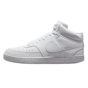 A white mid-top sneaker with a perforated toe box, textured leather, and a prominent swoosh logo on the side.