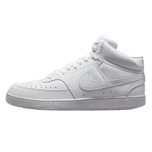 A white mid-top sneaker with a perforated toe box, textured leather, and a prominent swoosh logo on the side.