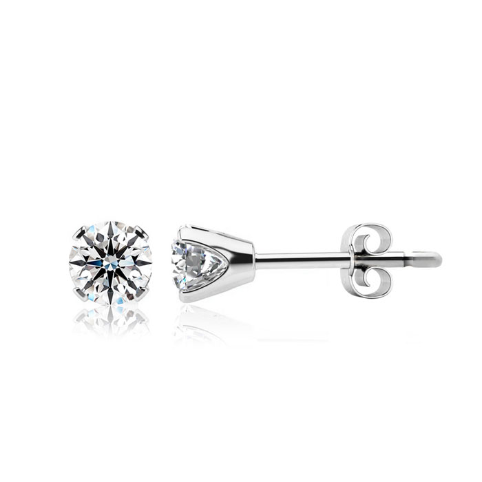 A pair of stud earrings featuring round, faceted gemstones set in a metal prong setting with butterfly backs.