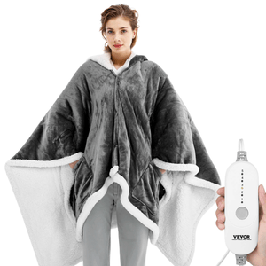 A person is wearing a gray and white hooded heated blanket with a remote control showing temperature settings.