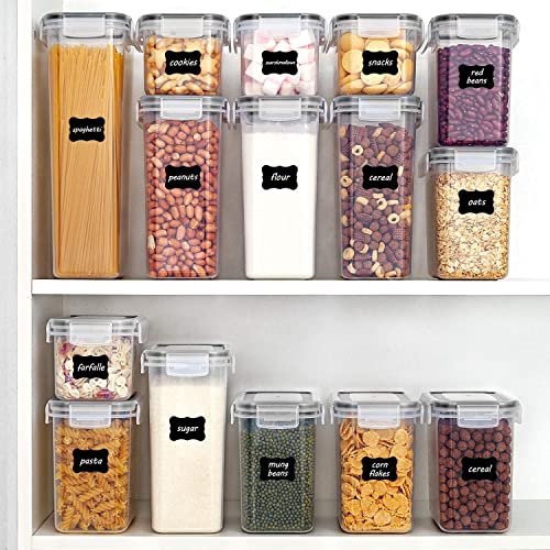 A set of 12 clear plastic containers with white lids, each labeled with its contents like pasta, sugar, and cereal, comes in a variety of sizes for different food storage needs.
