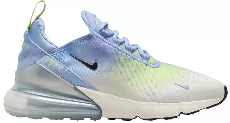 A Nike Air Max 270 shoe featuring a gradient blue and green upper with a black swoosh logo, a visible Air unit in the heel, and a white midsole.