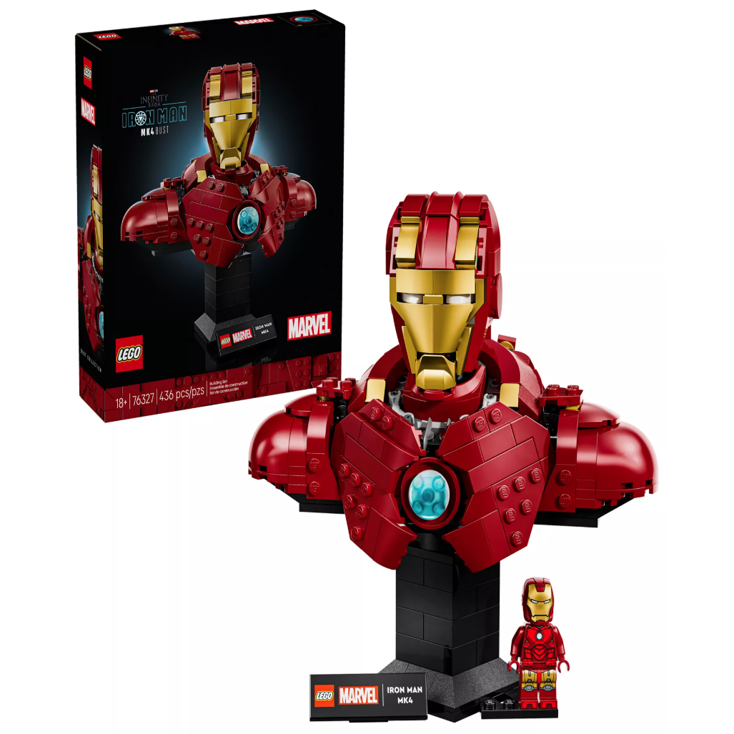LEGO Iron Man MK4 Bust with 480 pieces, featuring a detailed build of Iron Man's helmet and upper torso from Marvel, designed for ages 18+.