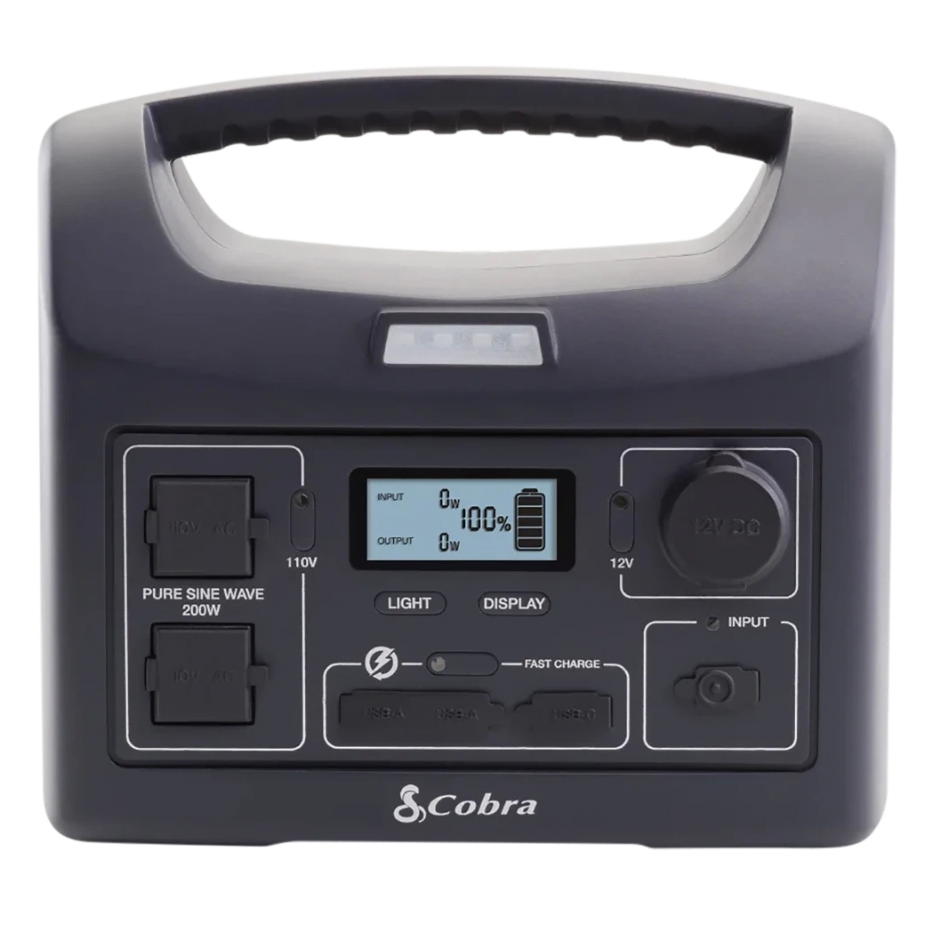 The Cobra 200W Portable Power Station features two 110V AC outlets, a 12V DC port, USB ports, and a digital display for input/output monitoring. It includes a light and a handle for easy portability, suitable for powering small electronics on the go.