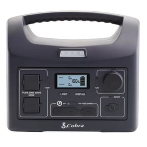 The Cobra 200W Portable Power Station features two 110V AC outlets, a 12V DC port, USB ports, and a digital display for input/output monitoring. It includes a light and a handle for easy portability, suitable for powering small electronics on the go.