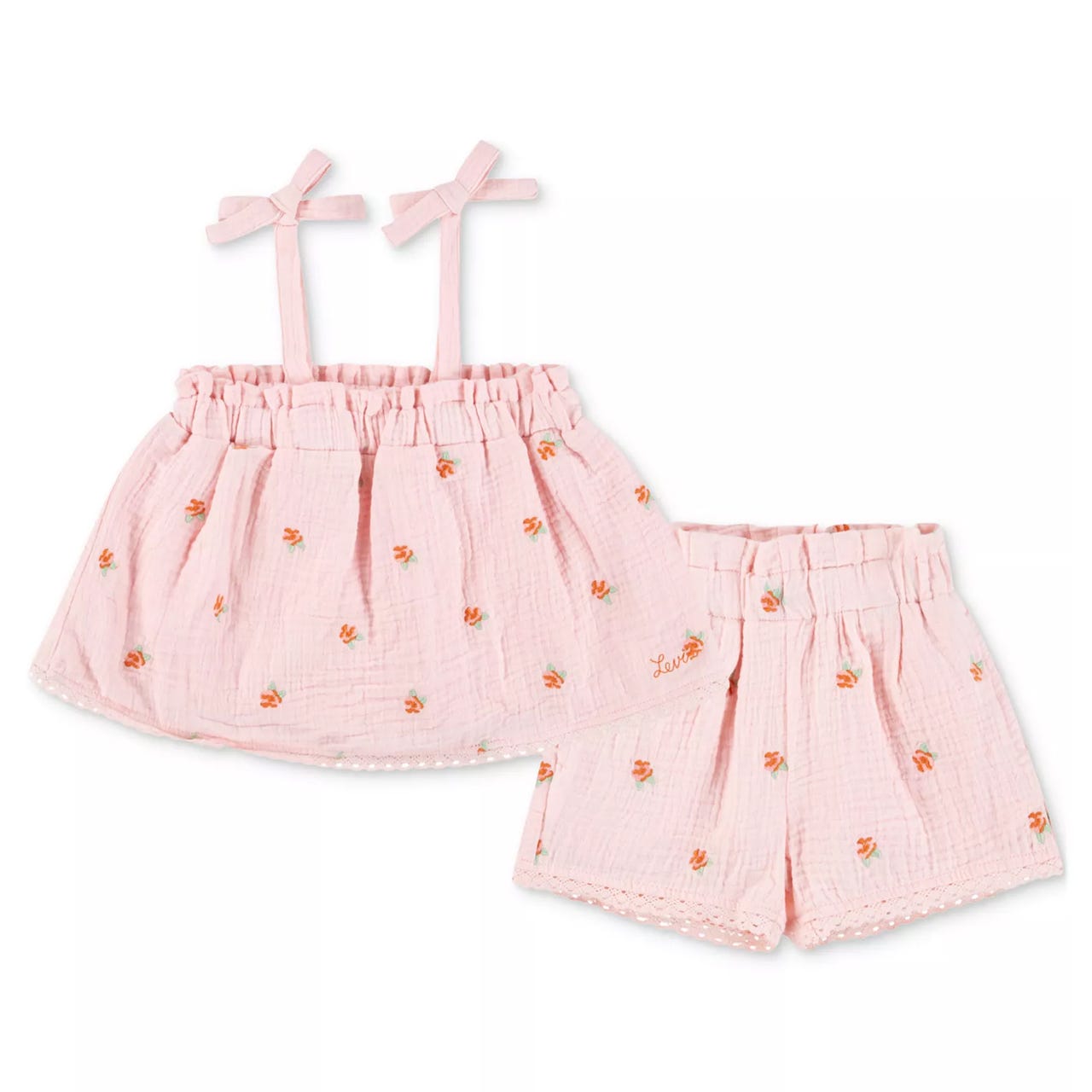 Pink two-piece set with a sleeveless top featuring bow straps and a matching pair of shorts, both adorned with small orange floral patterns and lace trim.