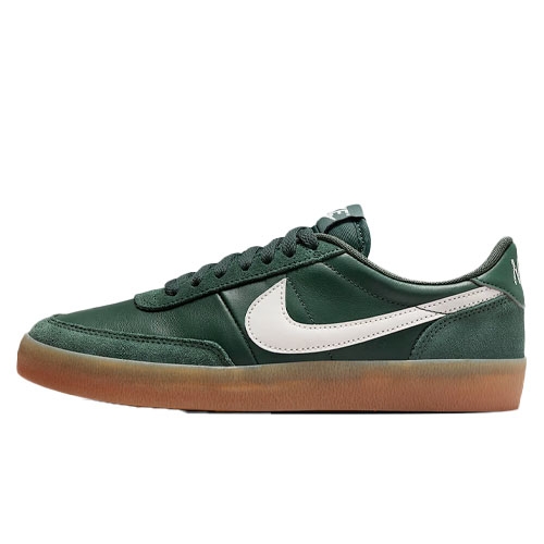 Nike Women's Killshot 2 Shoes feature dark green leather uppers, a white Swoosh, and gum rubber soles, offering a vintage-inspired, low-profile silhouette.