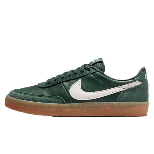 Nike Women's Killshot 2 Shoes feature dark green leather uppers, a white Swoosh, and gum rubber soles, offering a vintage-inspired, low-profile silhouette.