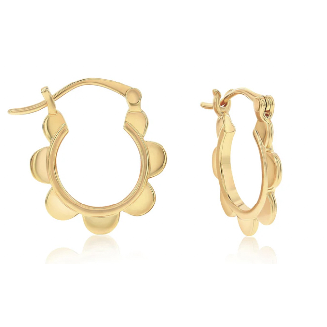 Gold-filled hoop earrings with a petal-like design around the edges, featuring a hinged clasp closure for secure fastening. The earrings have a smooth, shiny finish.