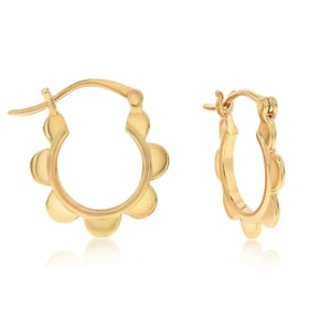 Gold-filled hoop earrings with a petal-like design around the edges, featuring a hinged clasp closure for secure fastening. The earrings have a smooth, shiny finish.