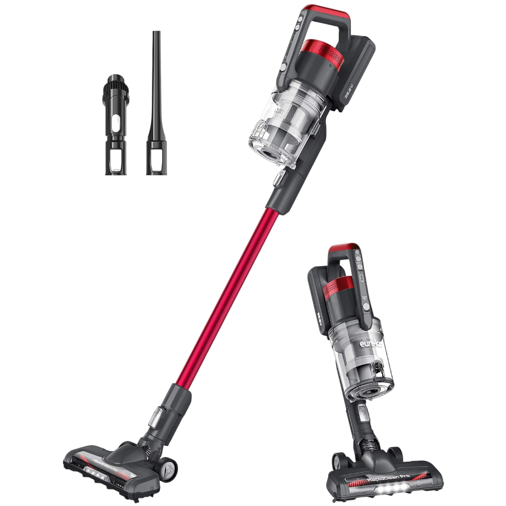 Cordless stick vacuum cleaner set with a red and black design, featuring detachable components and two attachments for versatile cleaning.