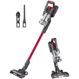 Cordless stick vacuum cleaner set with a red and black design, featuring detachable components and two attachments for versatile cleaning.