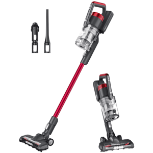 Cordless stick vacuum cleaner set with a red and black design, featuring detachable components and two attachments for versatile cleaning.
