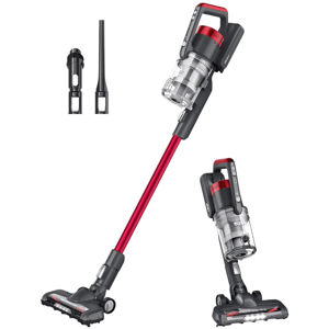 Cordless stick vacuum cleaner set with a red and black design, featuring detachable components and two attachments for versatile cleaning.