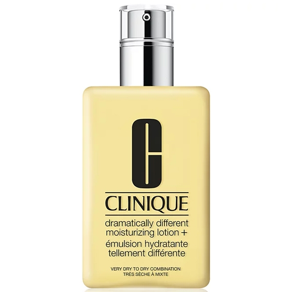 Clinique Dramatically Different Moisturizing Lotion+ is a hydrating face lotion for very dry to dry combination skin. It comes in a pale yellow bottle with a pump dispenser.
